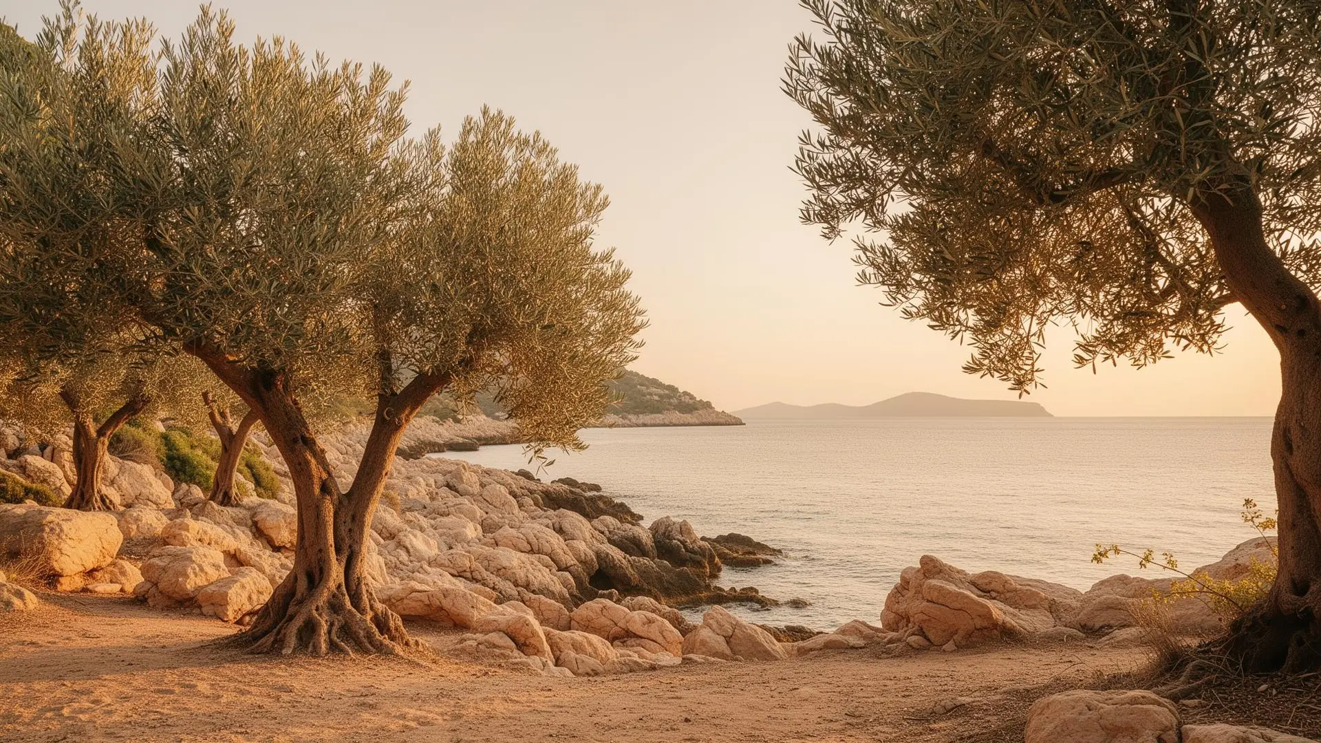 Olive trees by a cove in Mallorca in warm evening light